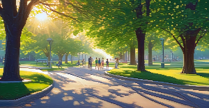 A peaceful urban park with trees and flowers, people jogging and picnicking under the warm sunlight.