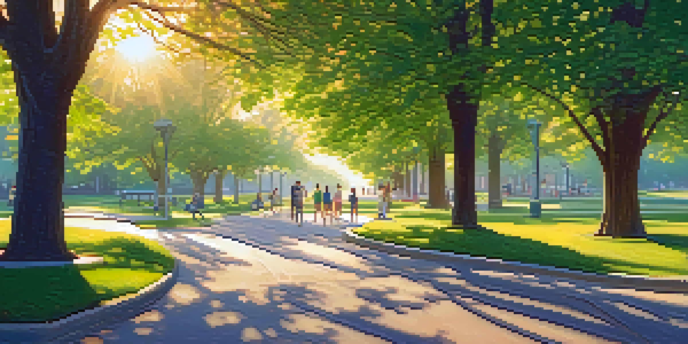 A peaceful urban park with trees and flowers, people jogging and picnicking under the warm sunlight.
