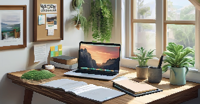 A bright workspace with a wooden desk, laptop, vision board, and houseplants in natural light.