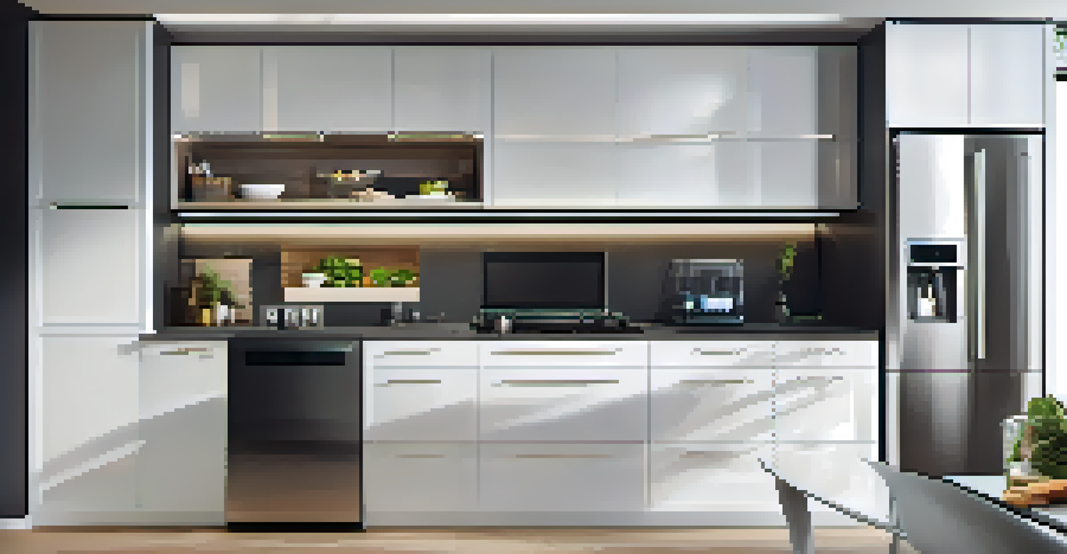 A stylish kitchen featuring smart appliances like a refrigerator and oven, with a neat and modern design illuminated by bright lights.