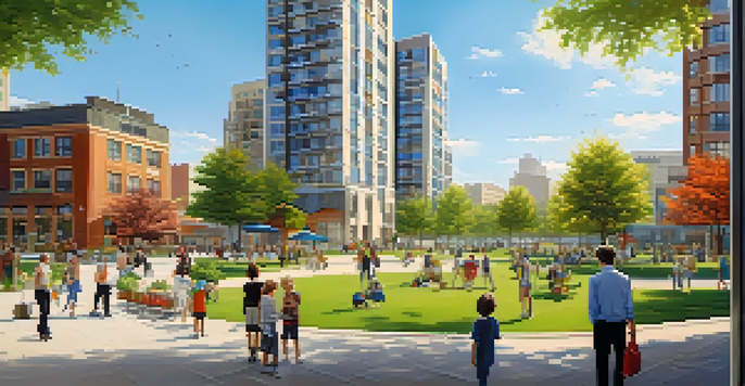 A lively urban scene with modern buildings and parks, where families and young professionals are enjoying the space under a clear blue sky.