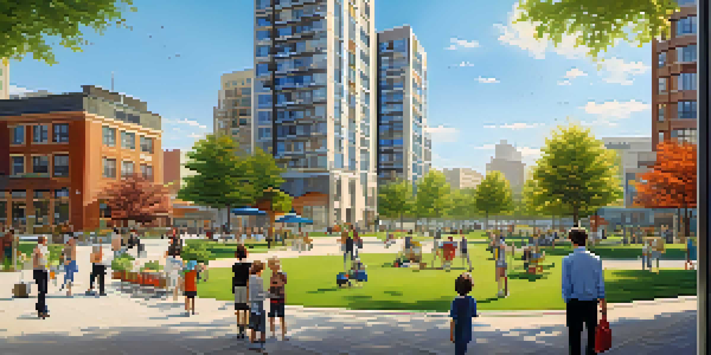 A lively urban scene with modern buildings and parks, where families and young professionals are enjoying the space under a clear blue sky.