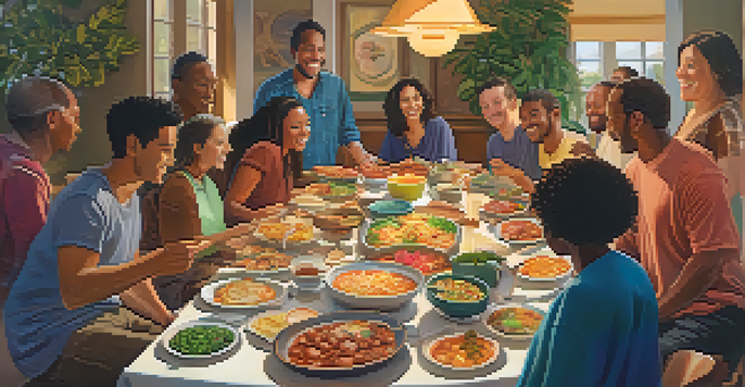 A diverse group of individuals enjoying a potluck dinner, representing collaboration and sharing.