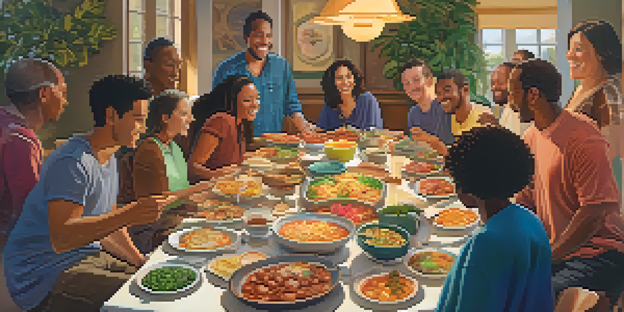 A diverse group of individuals enjoying a potluck dinner, representing collaboration and sharing.