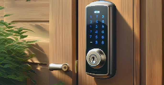 A close-up view of a modern smart lock on a wooden door, illuminated by afternoon sunlight.