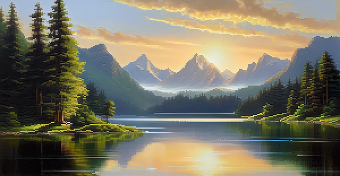A peaceful lake with green forests and mountains under soft sunlight.