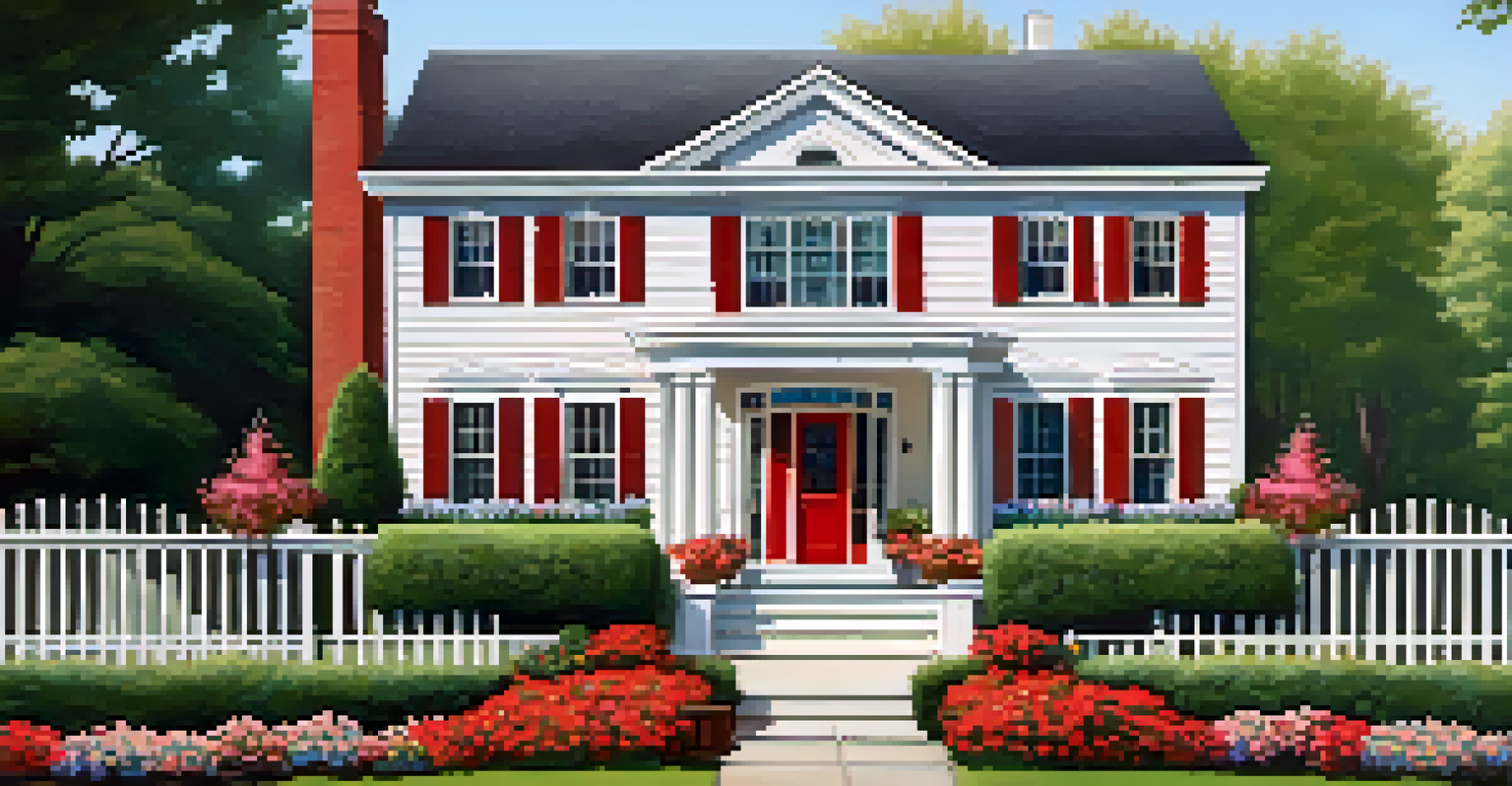 A charming suburban home with a colorful garden and a welcoming front porch under a blue sky.