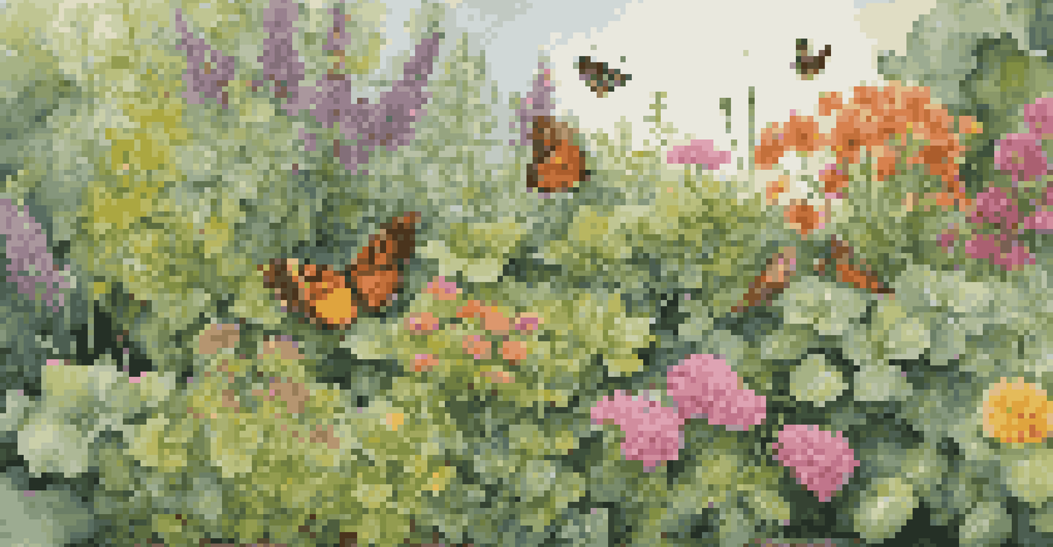 Close-up of a green roof garden filled with colorful flowers and lush plants, with butterflies and bees visible among the vegetation.