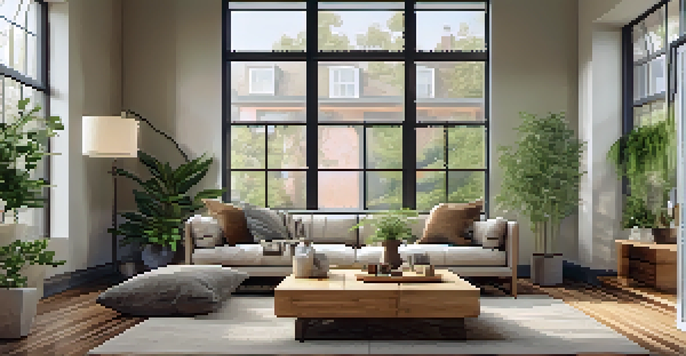A cozy living room with bamboo flooring, large windows, plants, and a reclaimed wood coffee table, showcasing a warm and inviting environment.
