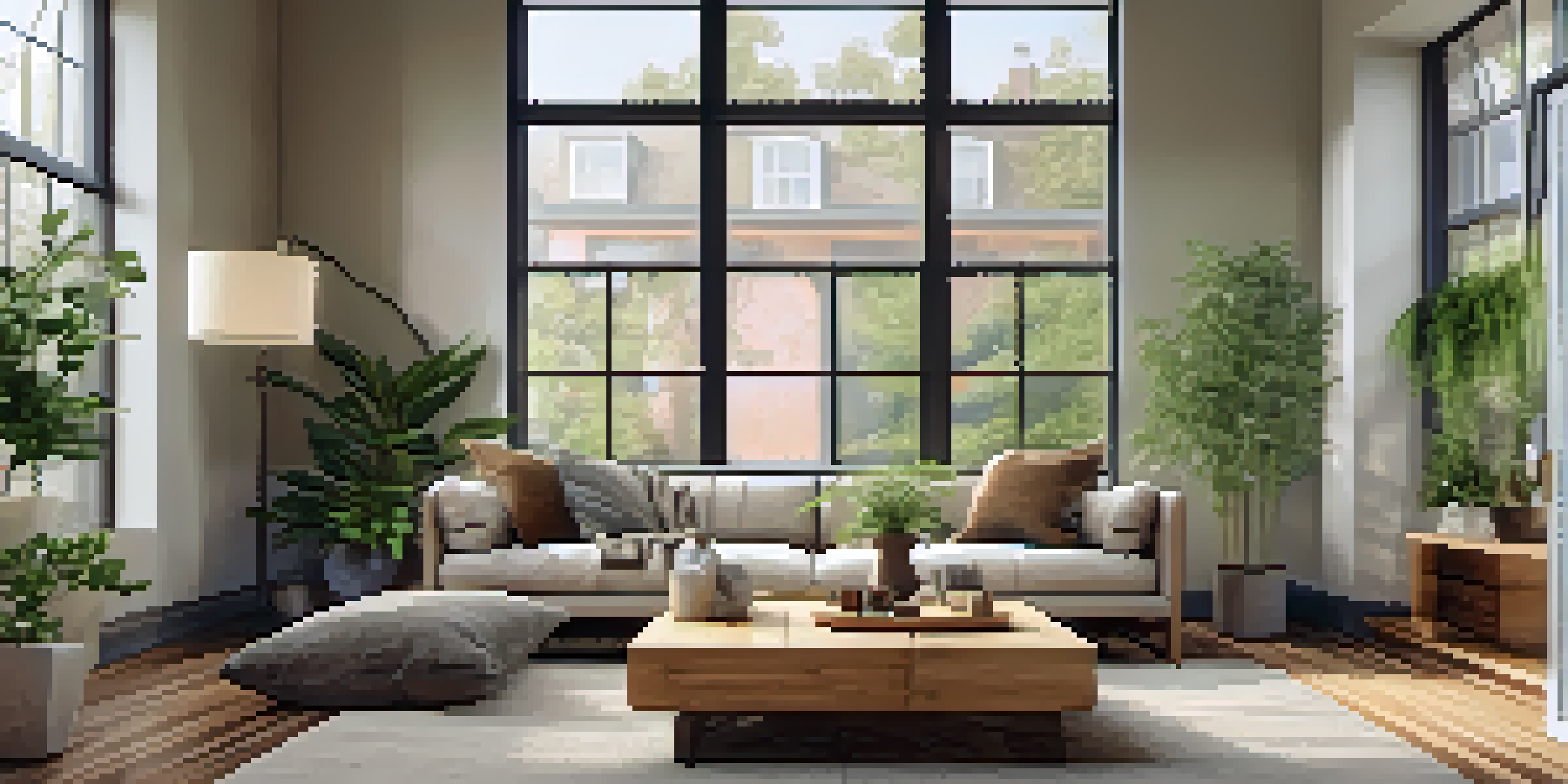 A cozy living room with bamboo flooring, large windows, plants, and a reclaimed wood coffee table, showcasing a warm and inviting environment.