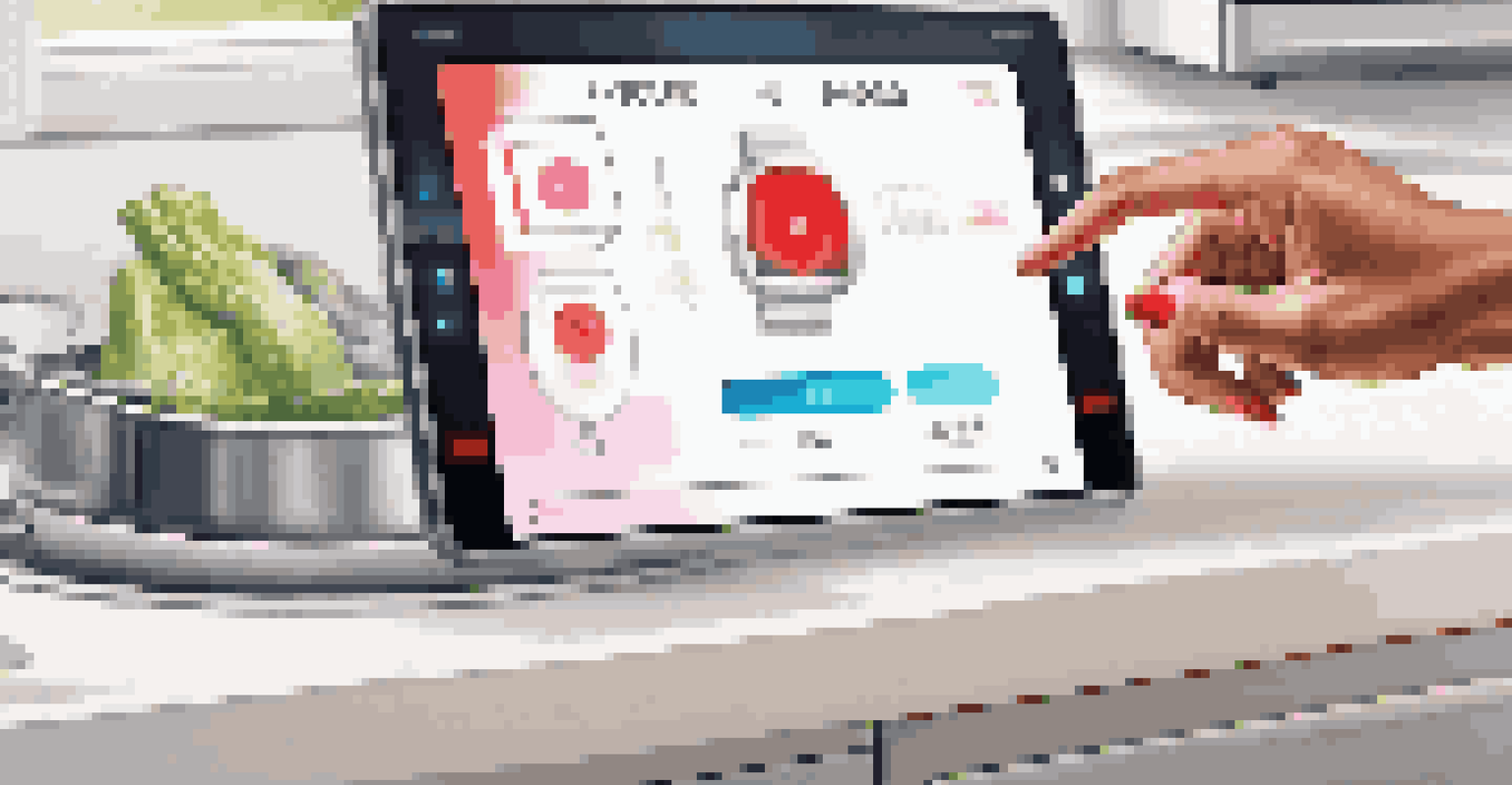 A hand interacting with a touchscreen to change a smart device's password in a modern kitchen filled with smart appliances.
