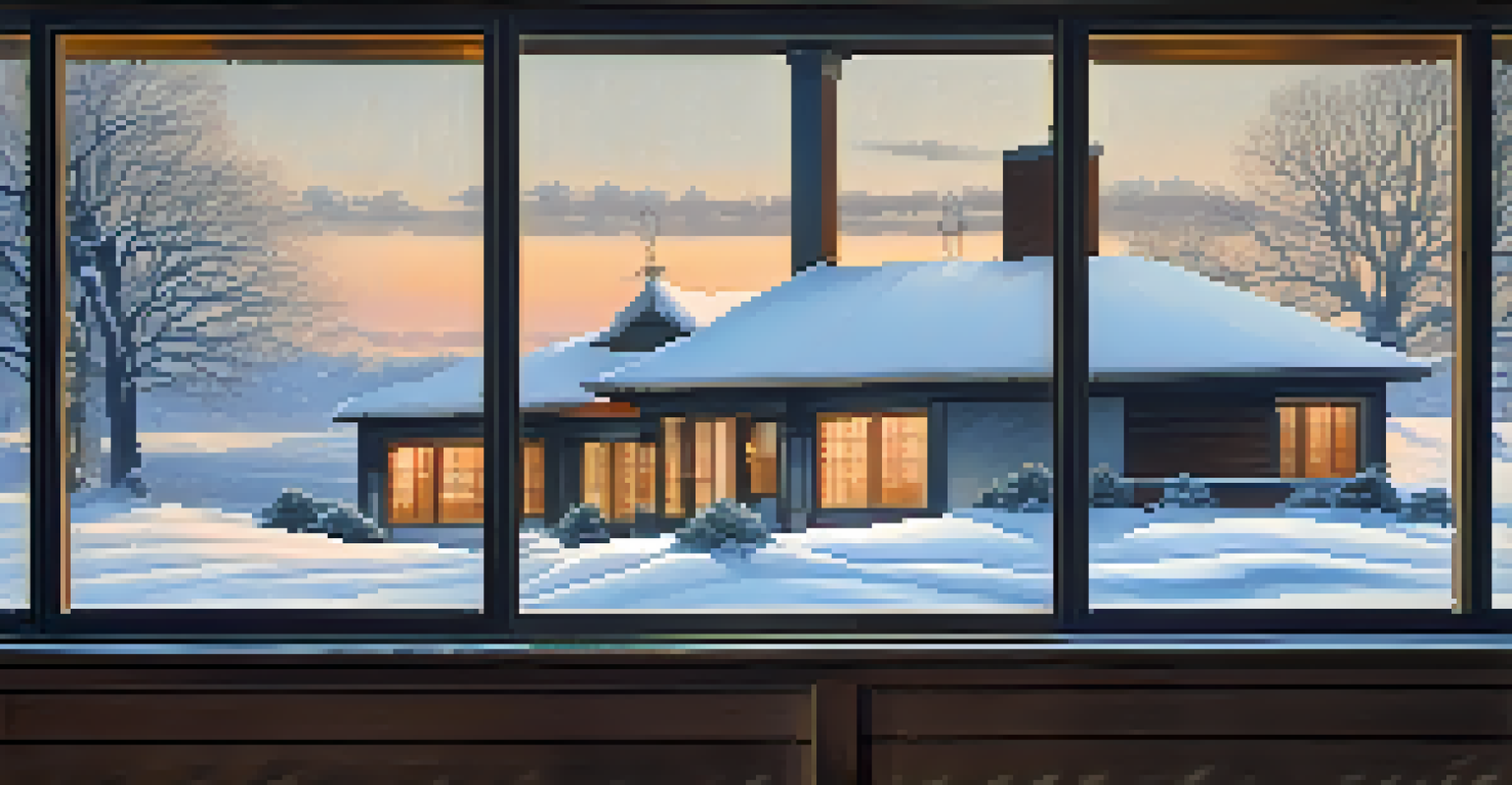 A house in a snowy landscape with sealed windows and doors, featuring thermal curtains.