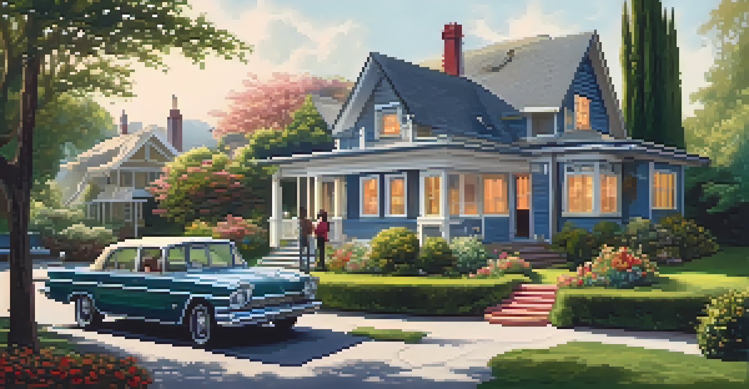 A home inspector examining a roof while a couple observes in a garden setting.