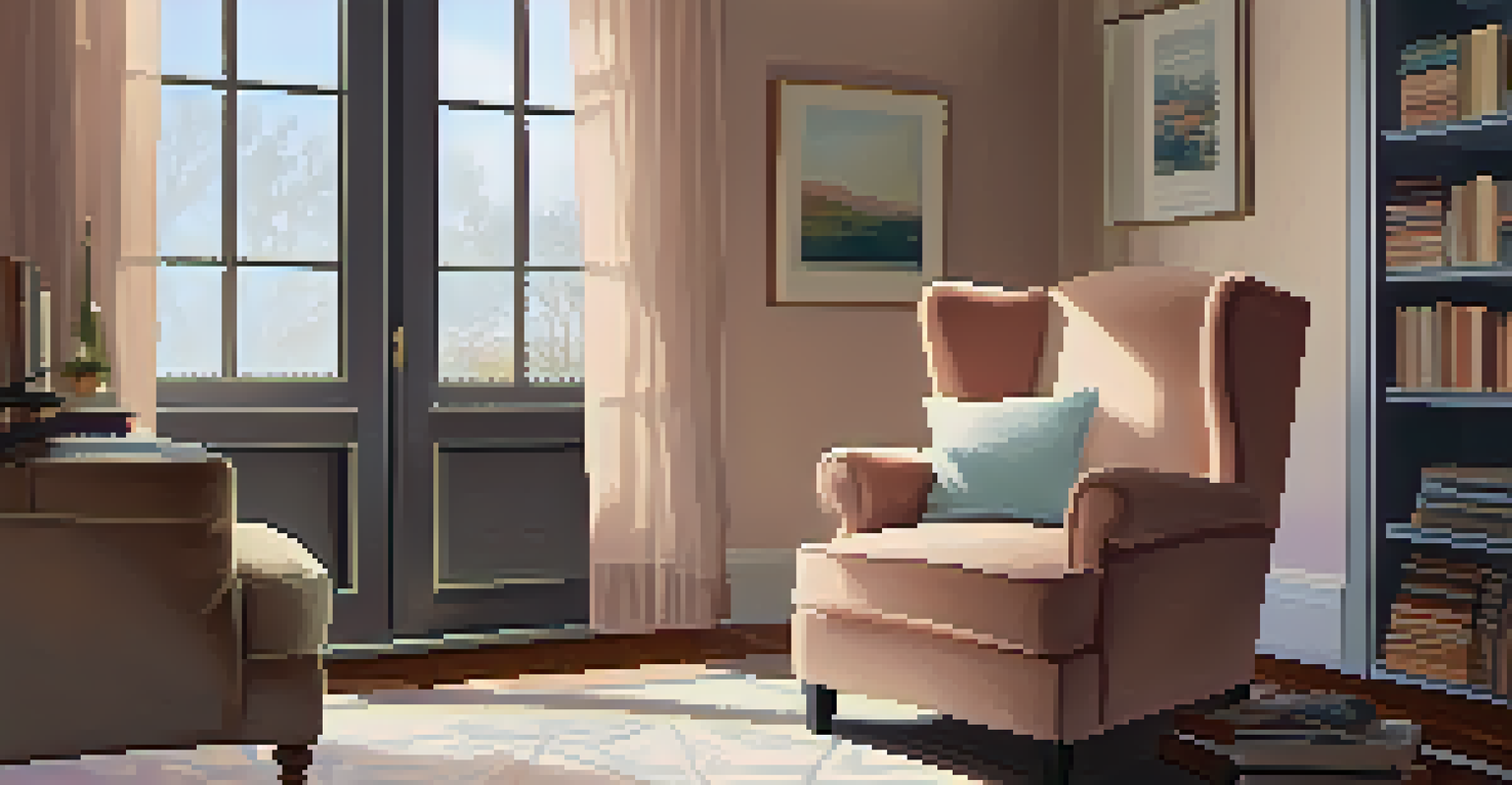 A cozy reading nook with an armchair, a small bookshelf, and a warm blanket, illuminated by soft light from a nearby window.