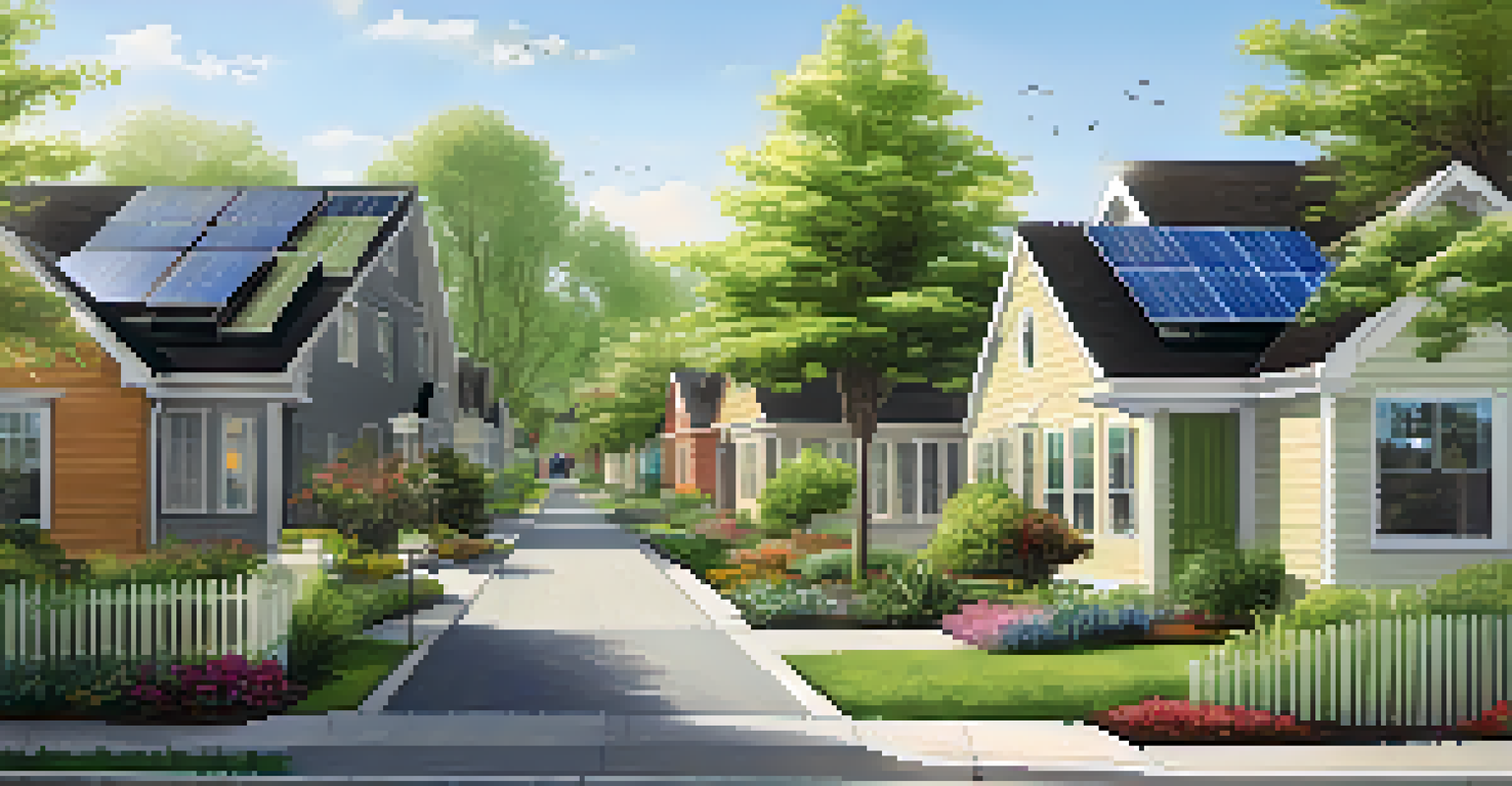 A peaceful neighborhood with green-certified homes and families enjoying outdoor activities in green spaces.