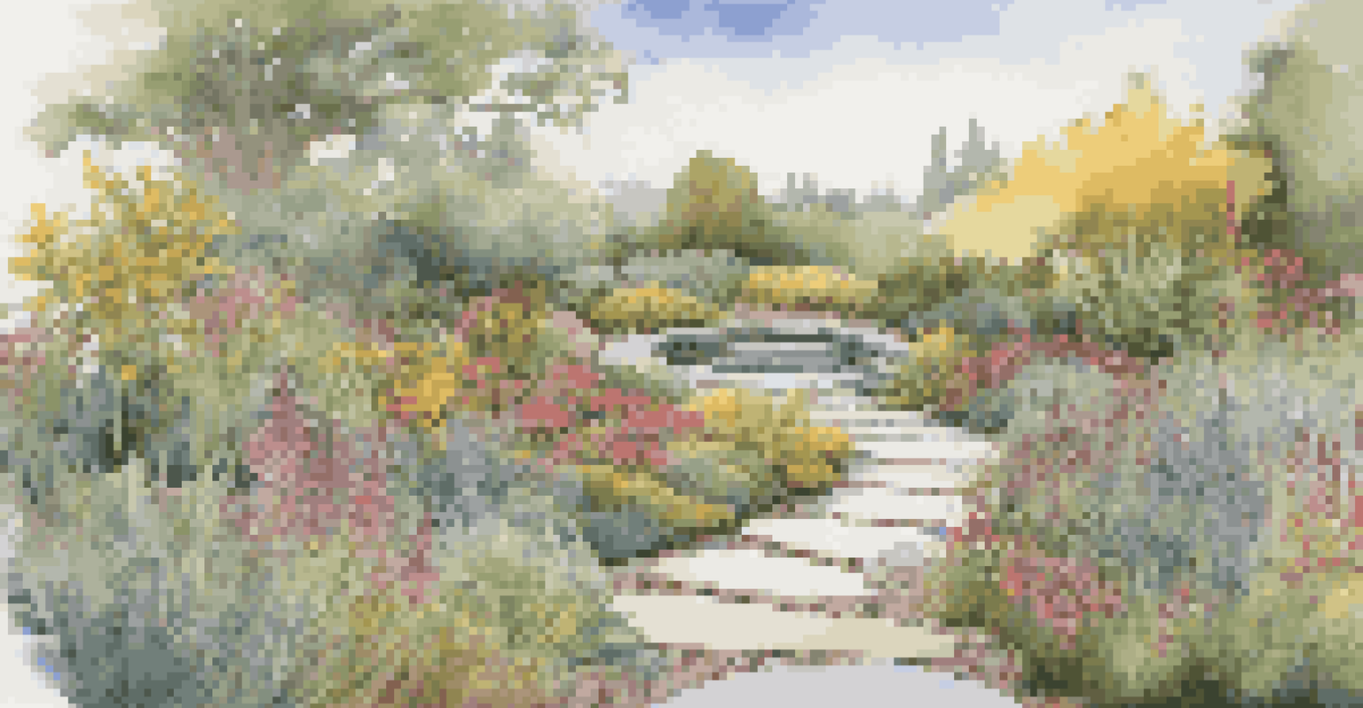 A picturesque rain garden with colorful native plants and a stone path, designed to capture rainwater.