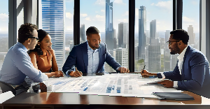 A diverse group of investors discussing plans and documents around a table with a city skyline view.