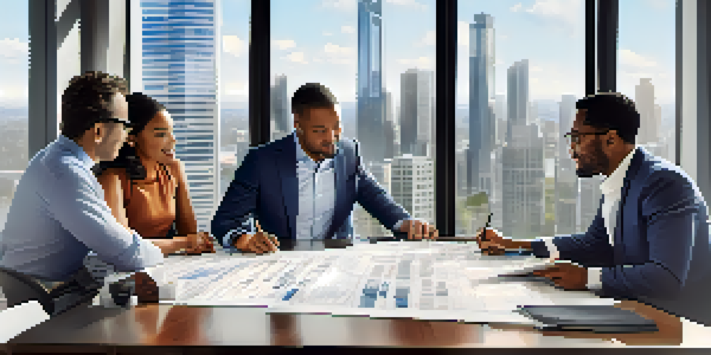 A diverse group of investors discussing plans and documents around a table with a city skyline view.