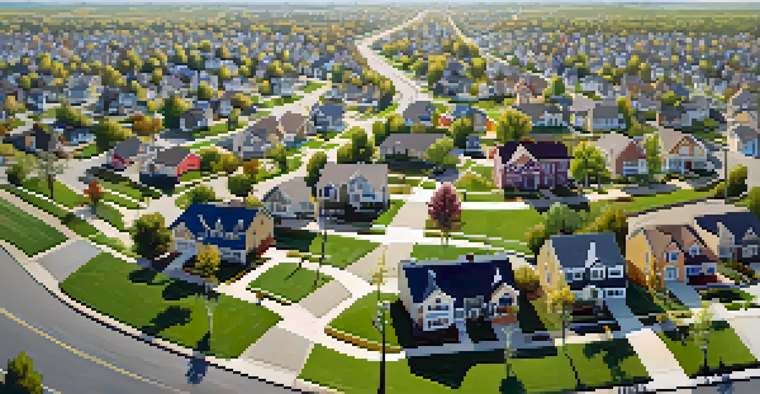 An aerial perspective of a suburban neighborhood showcasing homes, parks, and distant city skyline.