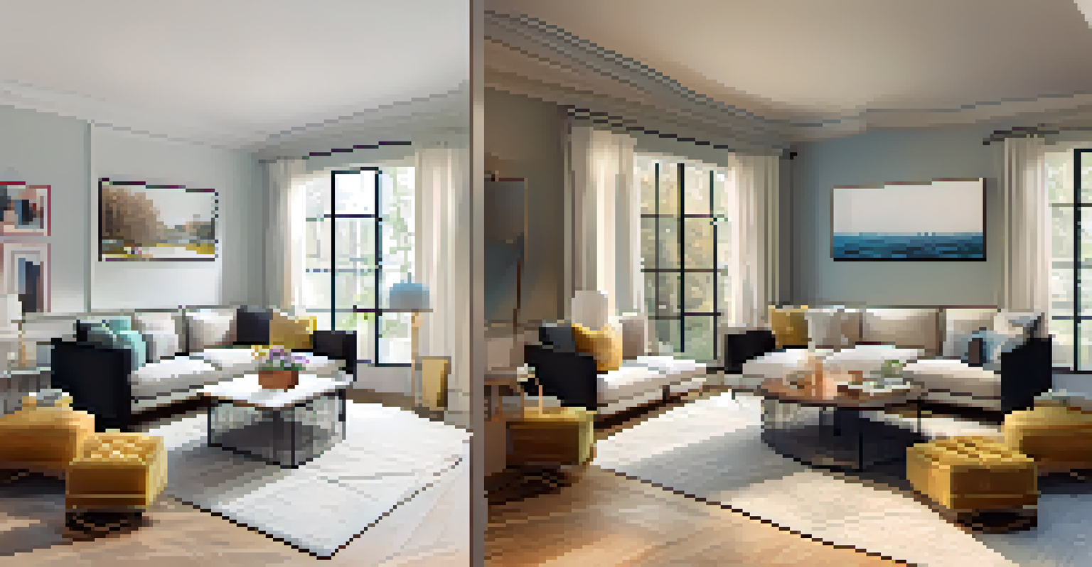 A split-screen image comparing traditional home staging with a virtual reality representation of the same space.