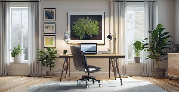 A contemporary home office with a desk, laptop, and plants, illuminated by natural light from large windows.