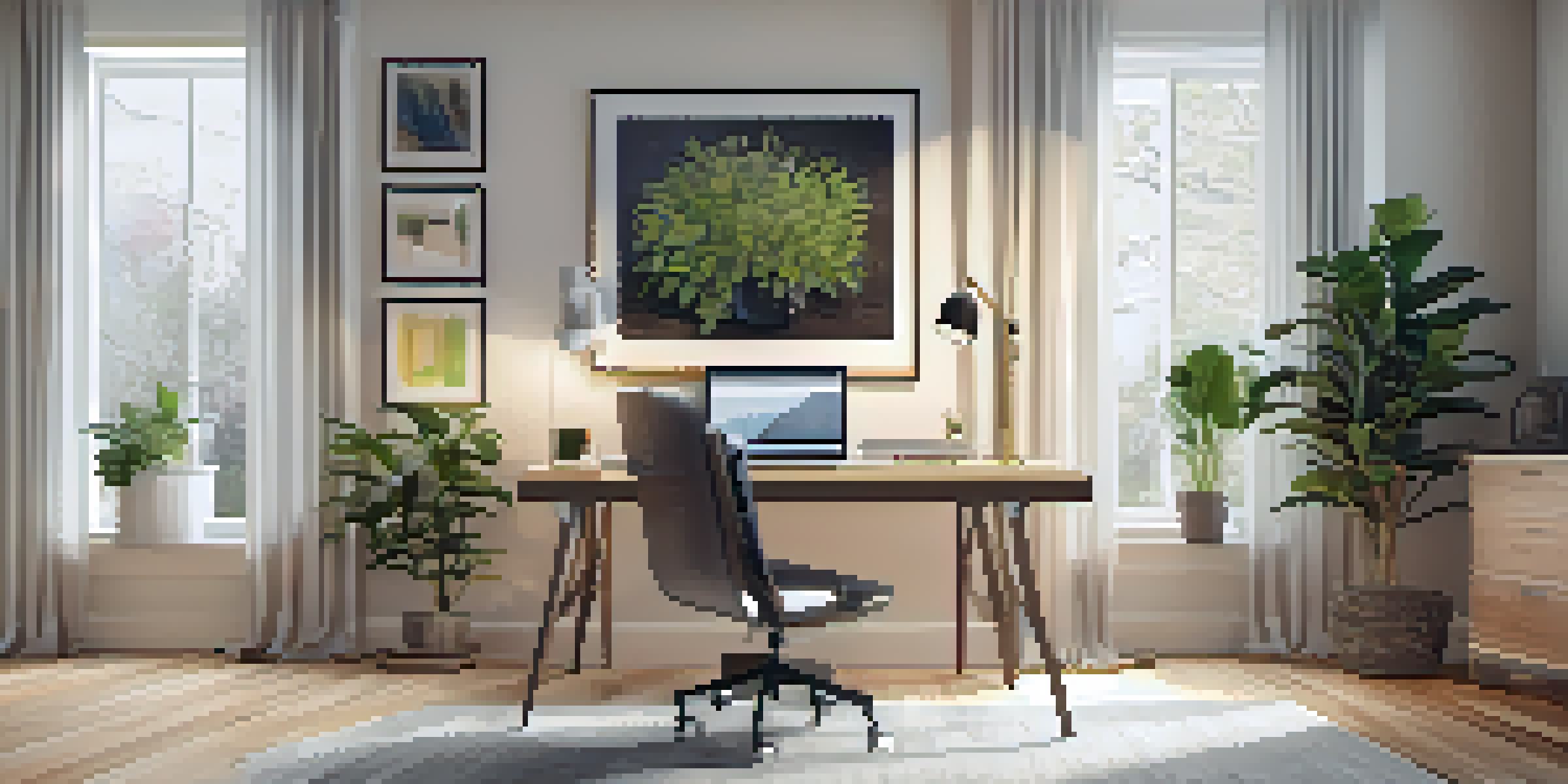 A contemporary home office with a desk, laptop, and plants, illuminated by natural light from large windows.