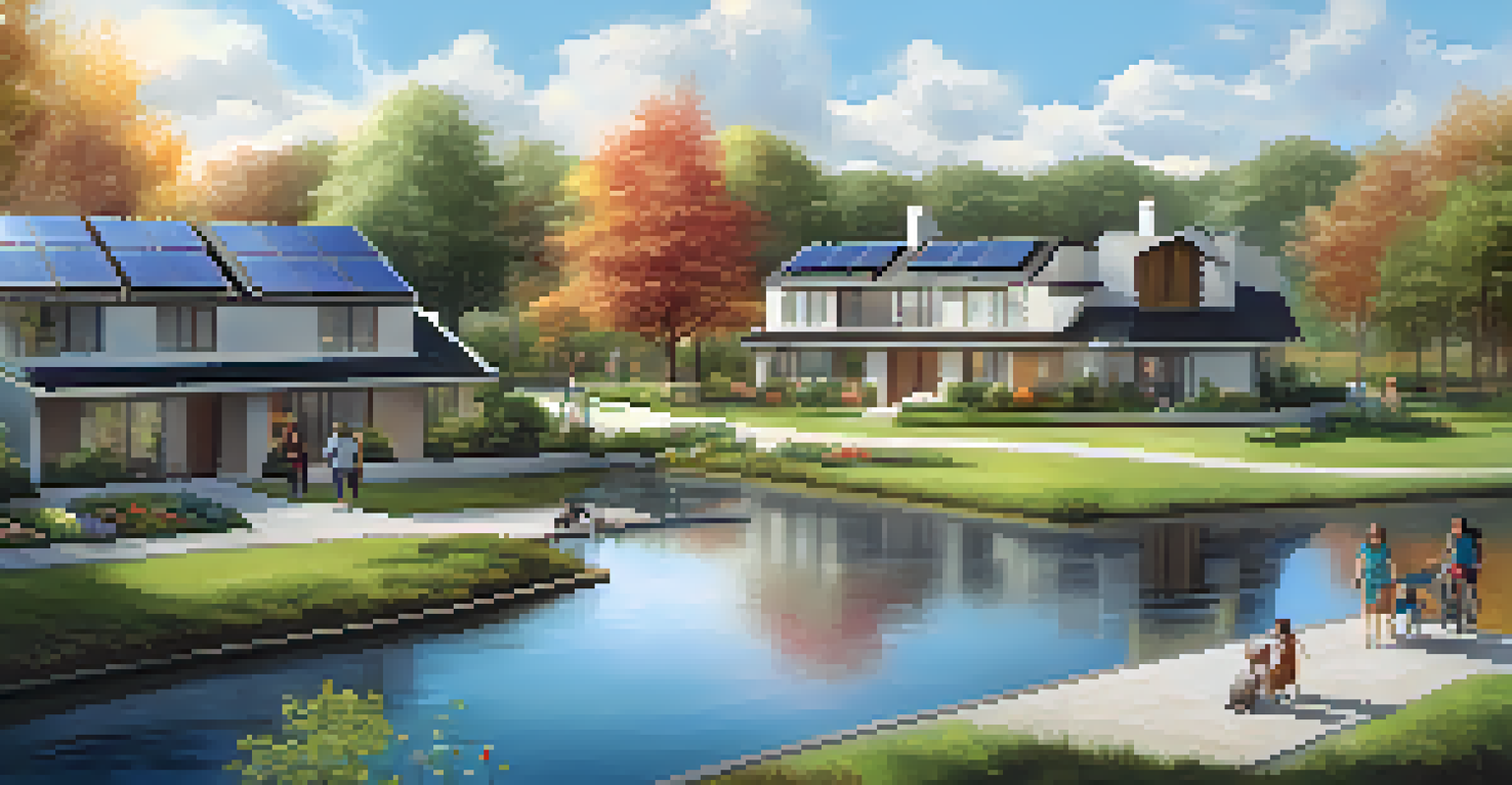A picturesque eco-friendly neighborhood with solar panels and families enjoying the outdoors.