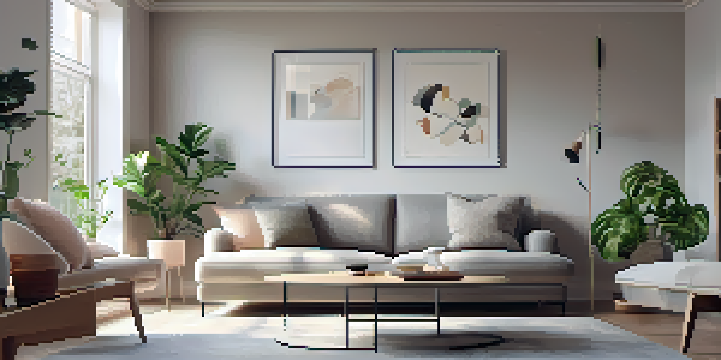 A modern living room showcasing smart home technology with a thermostat, smart lighting, and a speaker, illuminated by natural light.