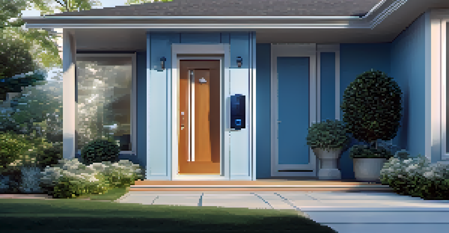 A close-up of a modern smart home security system with doorbell cameras and motion sensors, set against a garden background.