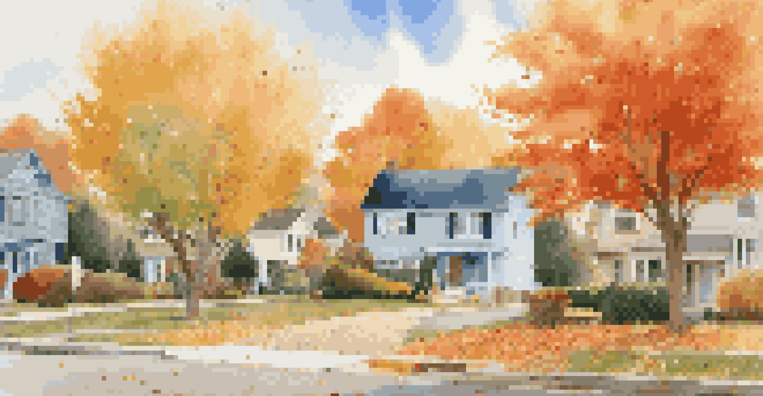 An autumn suburban neighborhood with colorful leaves, houses, and children playing.