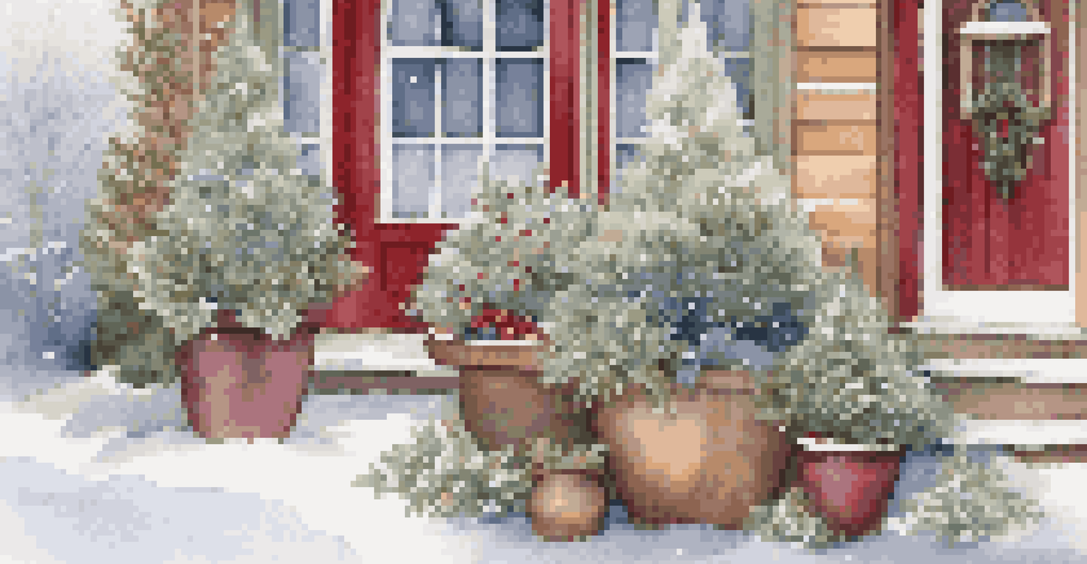 A winter container garden with evergreens and colorful winterberry, positioned near a doorway with a light dusting of snow.