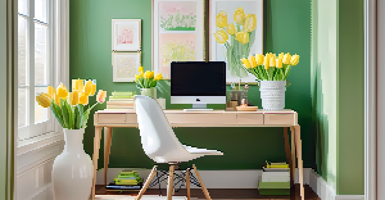 A spring-themed home office with pastel colors and fresh flowers, filled with natural light.