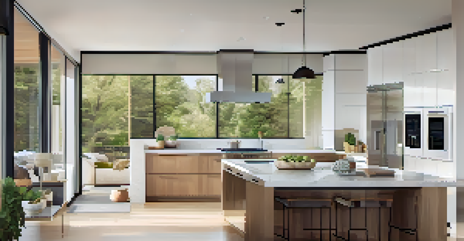 A modern kitchen featuring energy-efficient appliances and a stylish design, bathed in natural light.