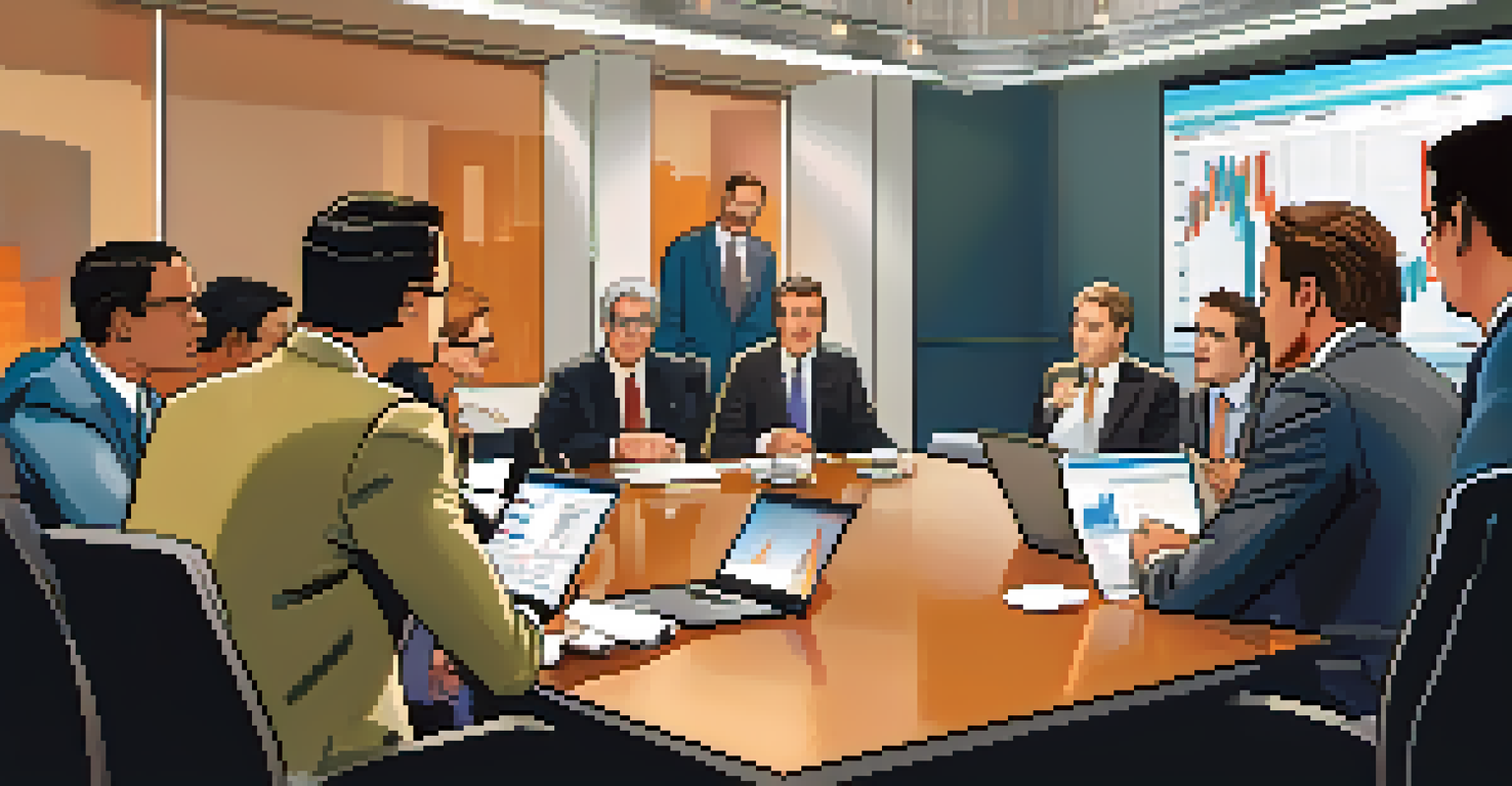 A diverse group of professionals discussing real estate investments around a conference table, with financial charts displayed on a large screen.