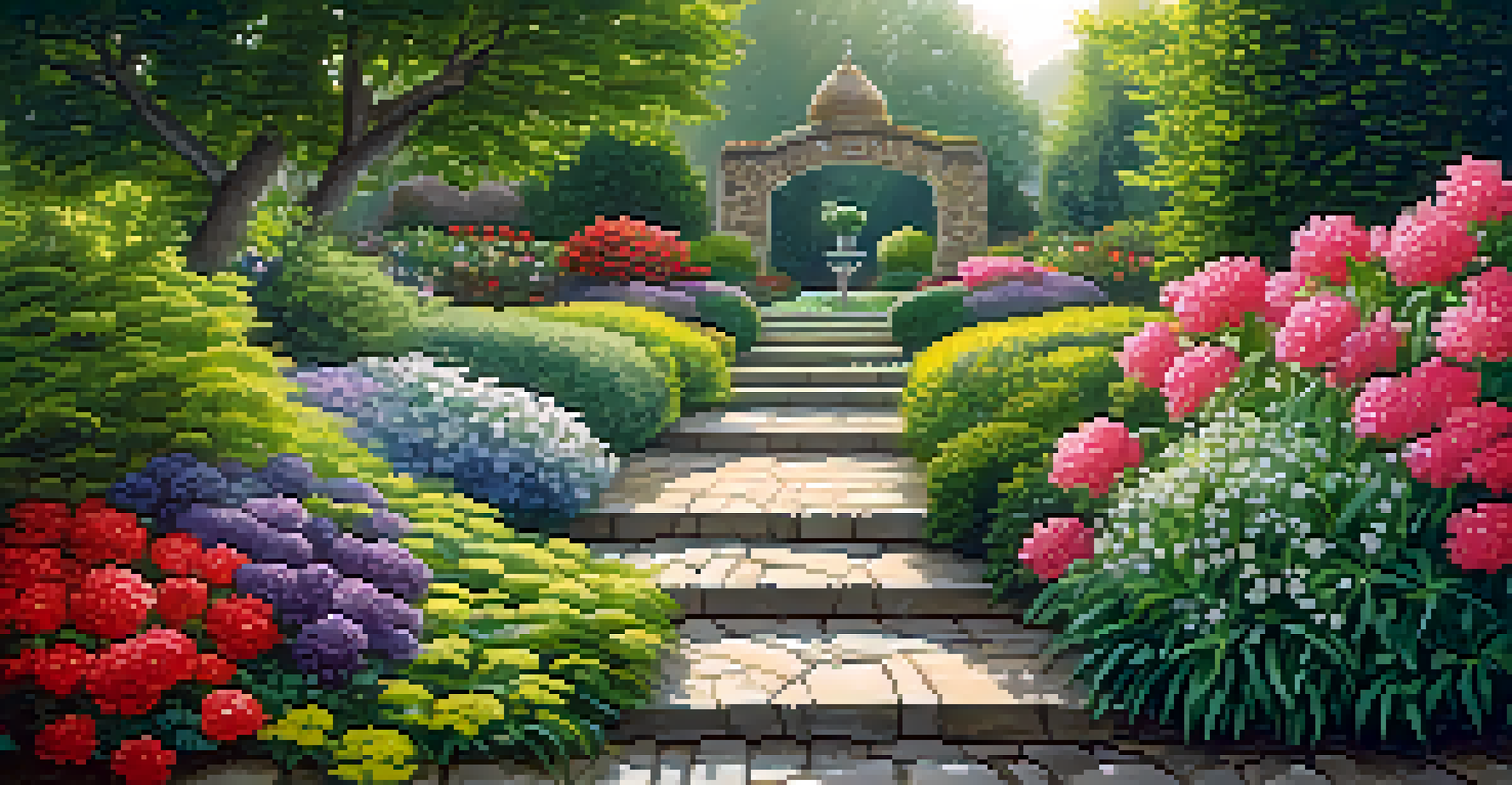 A vibrant garden filled with colorful flowers and lush greenery, showcasing intricate details and morning dew.