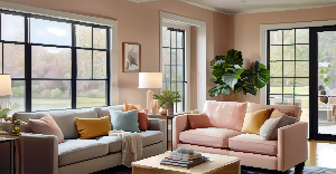 A bright living room with double-pane windows, a plush sofa, and a smart thermostat, showcasing energy efficiency.