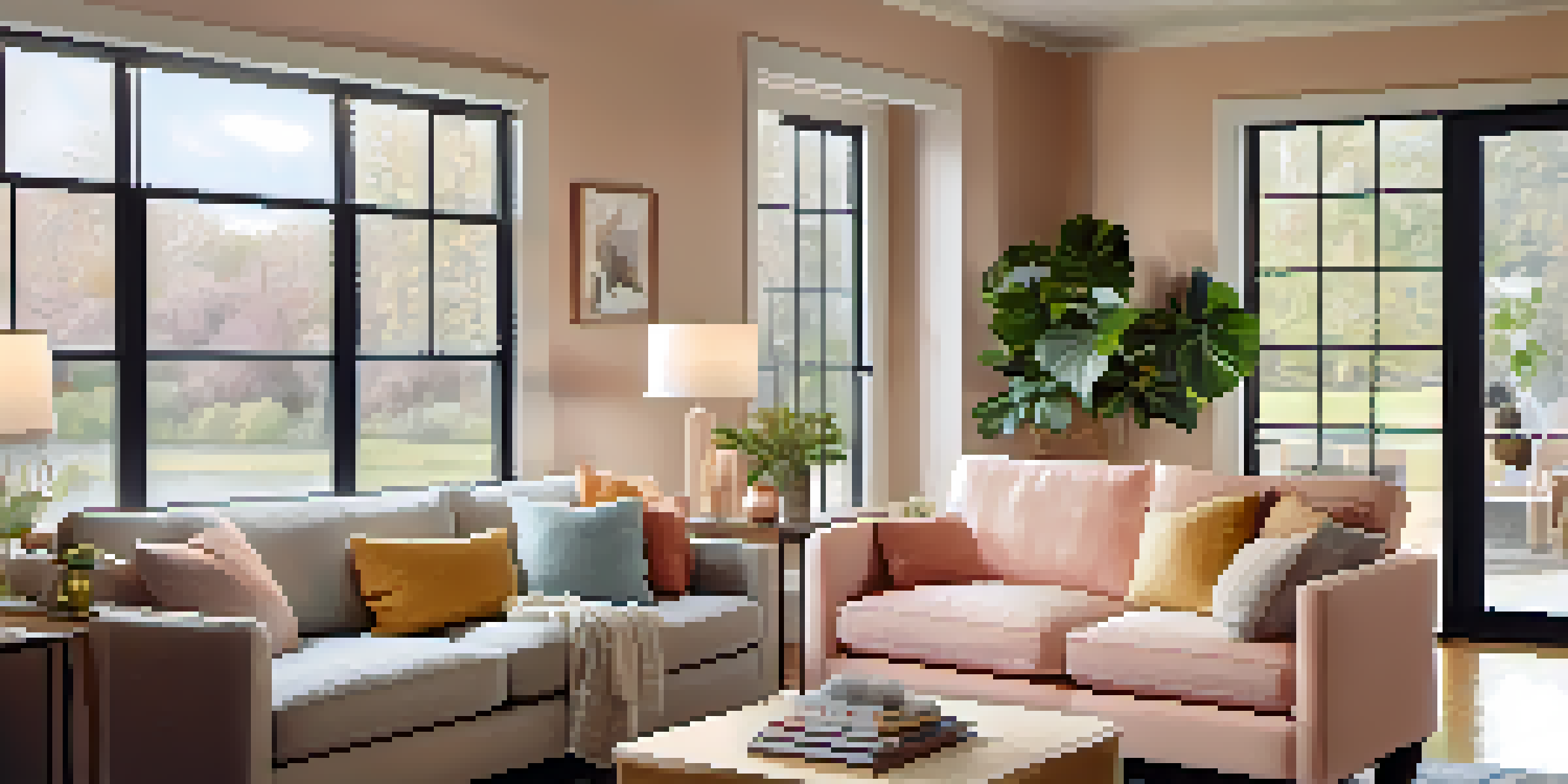 A bright living room with double-pane windows, a plush sofa, and a smart thermostat, showcasing energy efficiency.
