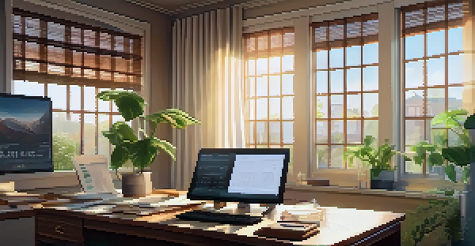 A peaceful home office with a wooden desk, a laptop, calculator, and house plant, illuminated by soft morning light.