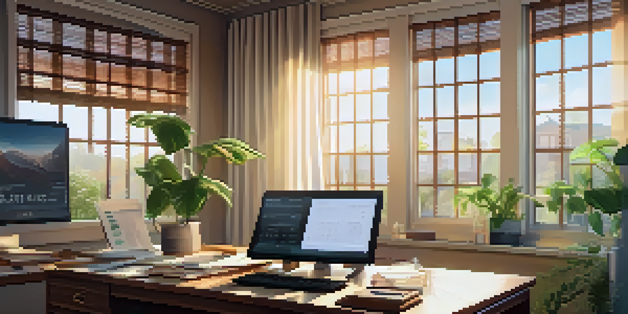A peaceful home office with a wooden desk, a laptop, calculator, and house plant, illuminated by soft morning light.