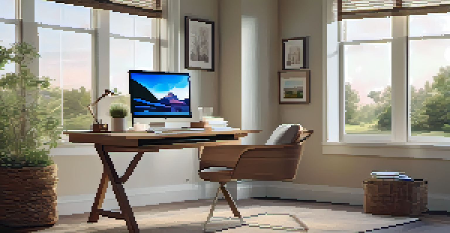 A serene home office with a wooden desk, laptop, and a view of a tranquil landscape through a large window.