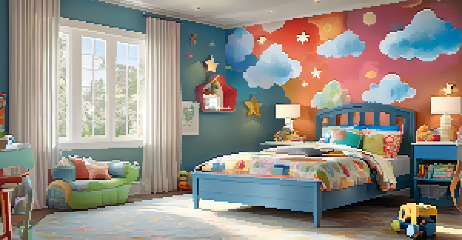 A whimsical children's room with a colorful patterned ceiling, cheerful furniture, and bright bedding, filled with natural light.