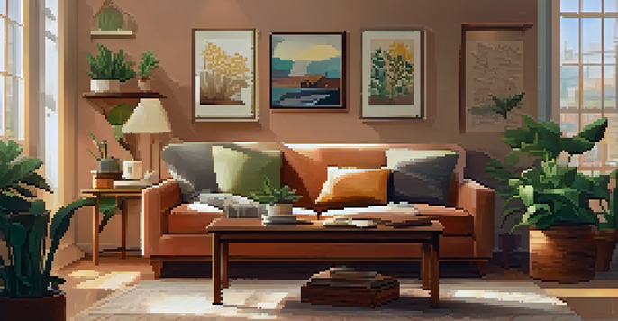 A warm and inviting living room with a comfortable sofa and a wooden coffee table, illuminated by natural light from a large window.