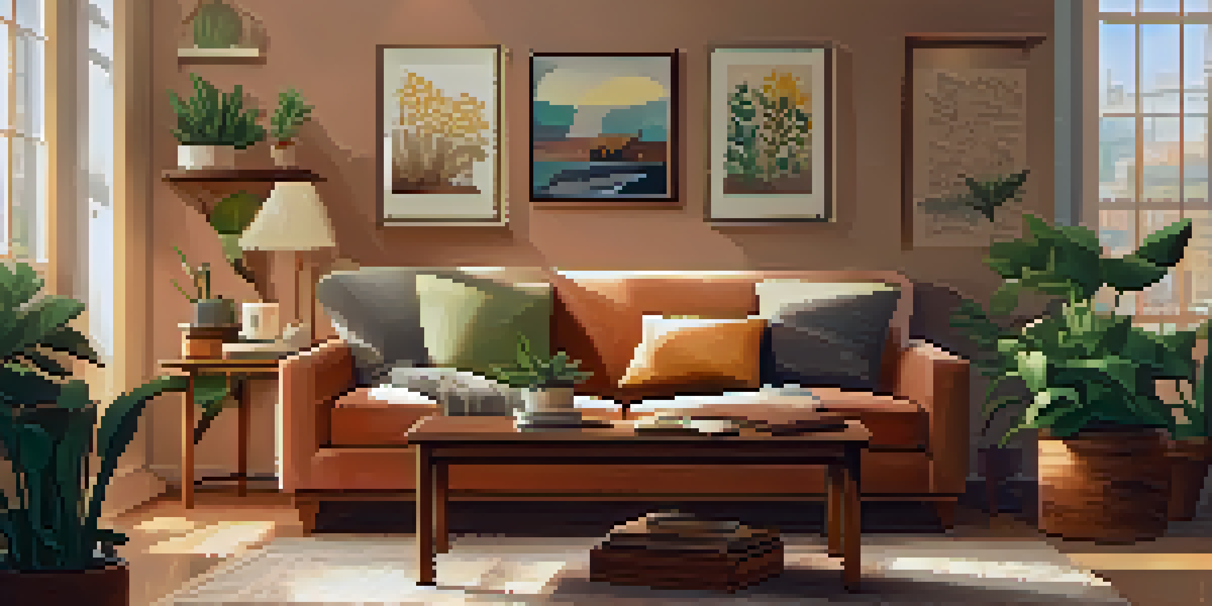 A warm and inviting living room with a comfortable sofa and a wooden coffee table, illuminated by natural light from a large window.