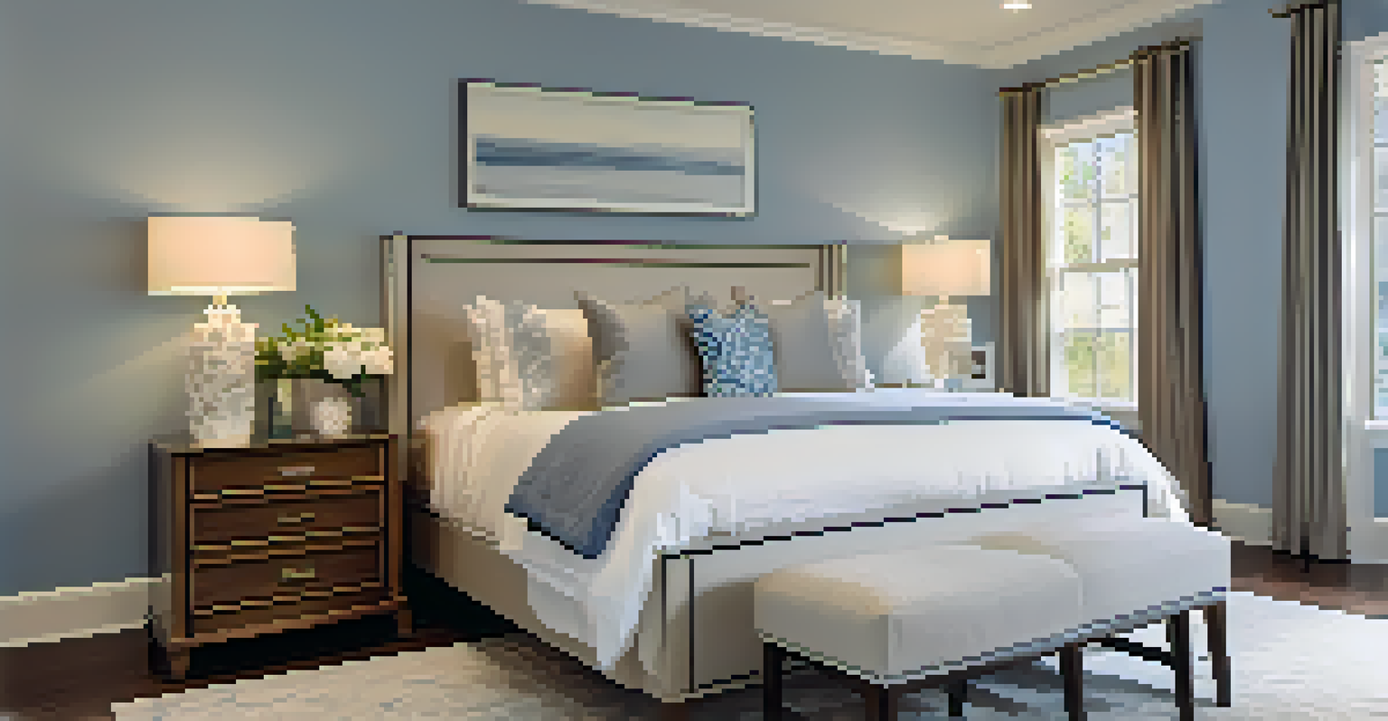 A calming master bedroom with blue walls, neutral bedding, fresh flowers, and a mirror reflecting light, creating a peaceful ambiance.