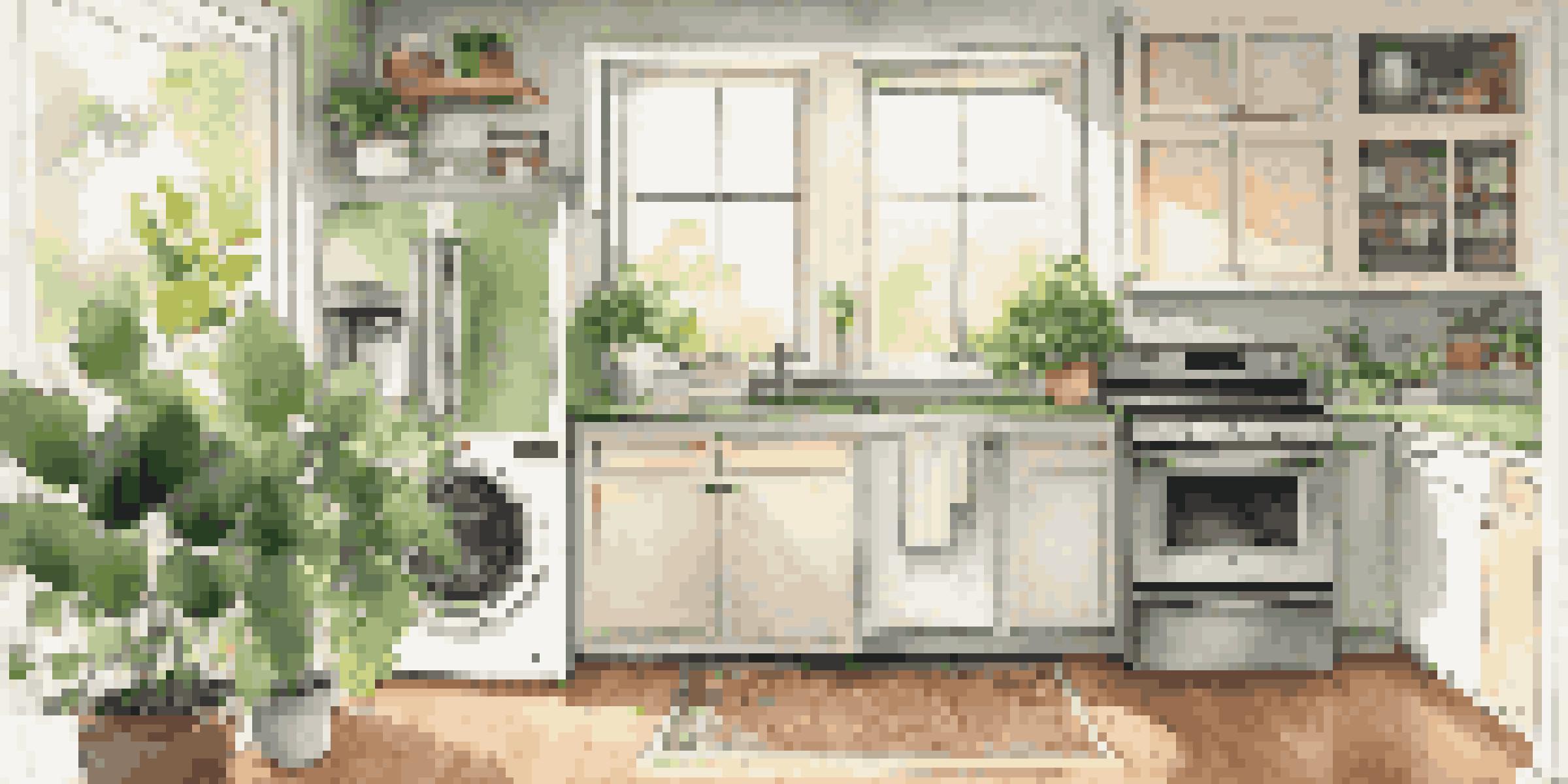 A bright kitchen featuring energy-efficient appliances, with natural light and green plants.