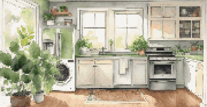 A bright kitchen featuring energy-efficient appliances, with natural light and green plants.