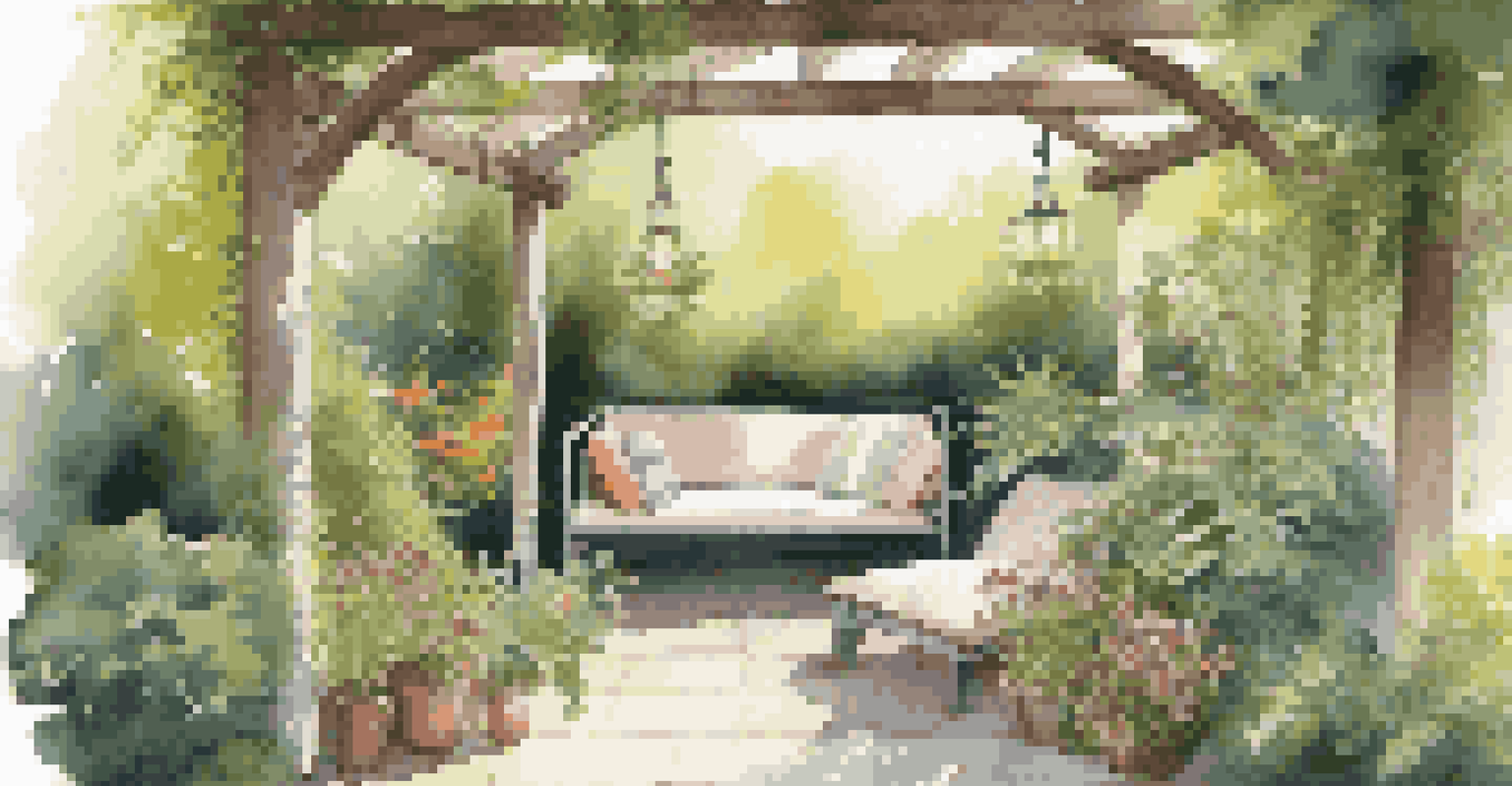 A shaded garden area with a pergola and pet lounging cushions, surrounded by ferns and flowering plants.