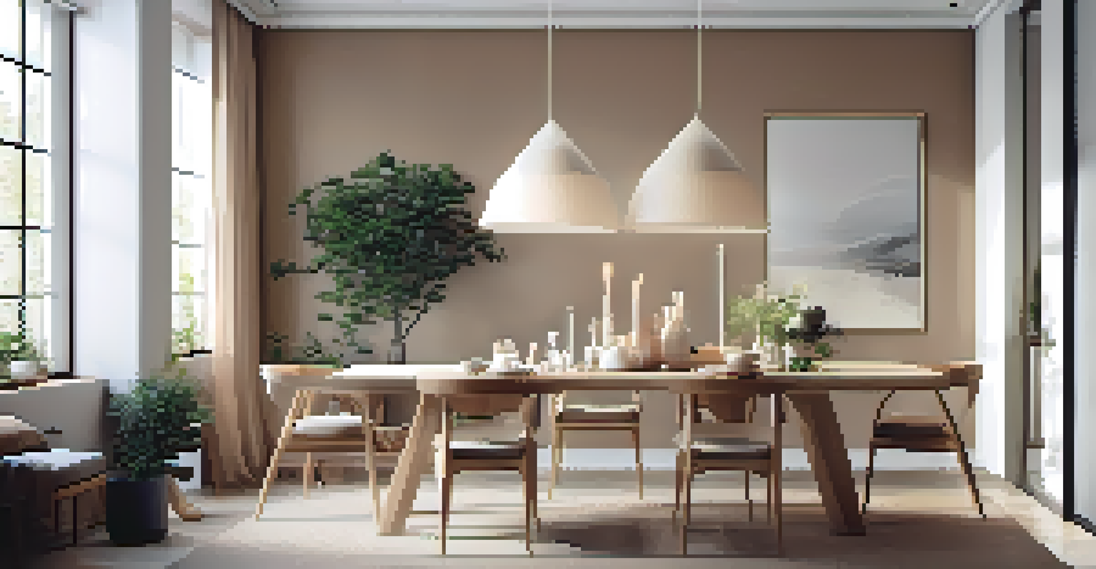 An elegant small dining area with a pendant light, a minimalist table setting, and a reflective mirror, creating a spacious feel with soft colors and greenery.