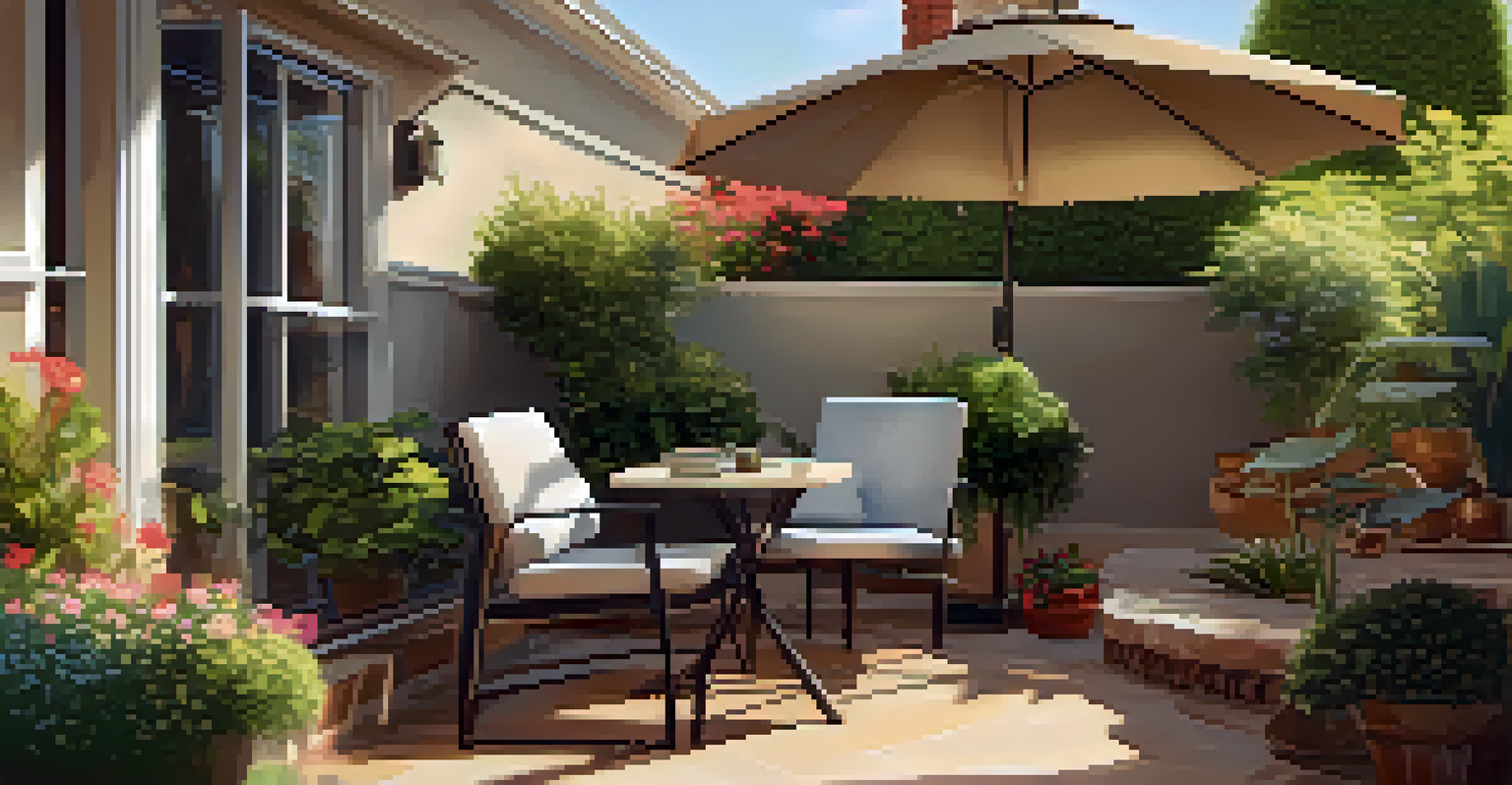 A cozy outdoor office corner on a patio with a desk, laptop, and decorative plants, illuminated by warm afternoon light.