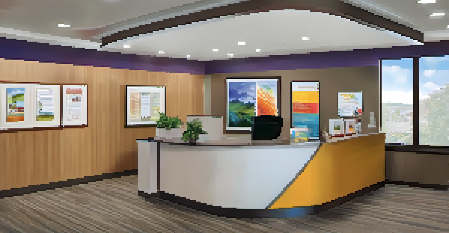 A property management office with a reception desk and colorful brochures.